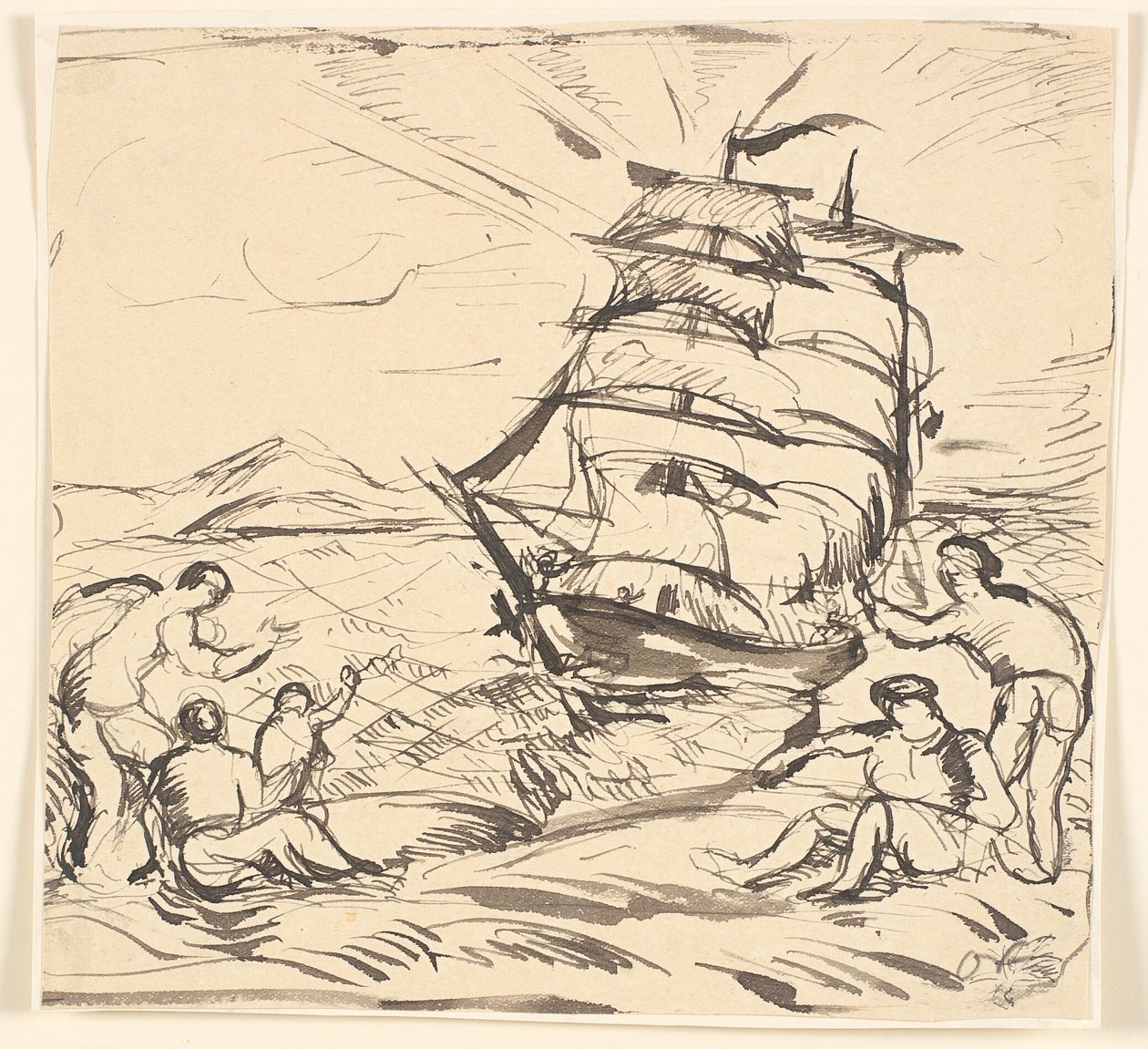 Paisagem costeira com veleiro e figuras gesticulando. de Emile Othon Friesz