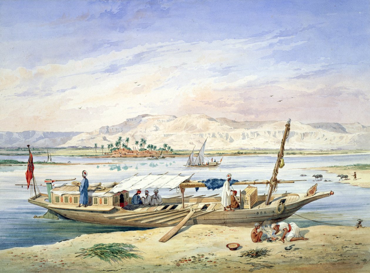 A kanja da JWP atracada junto à margem oriental do Nilo em Luxor". de Emile Prisse d