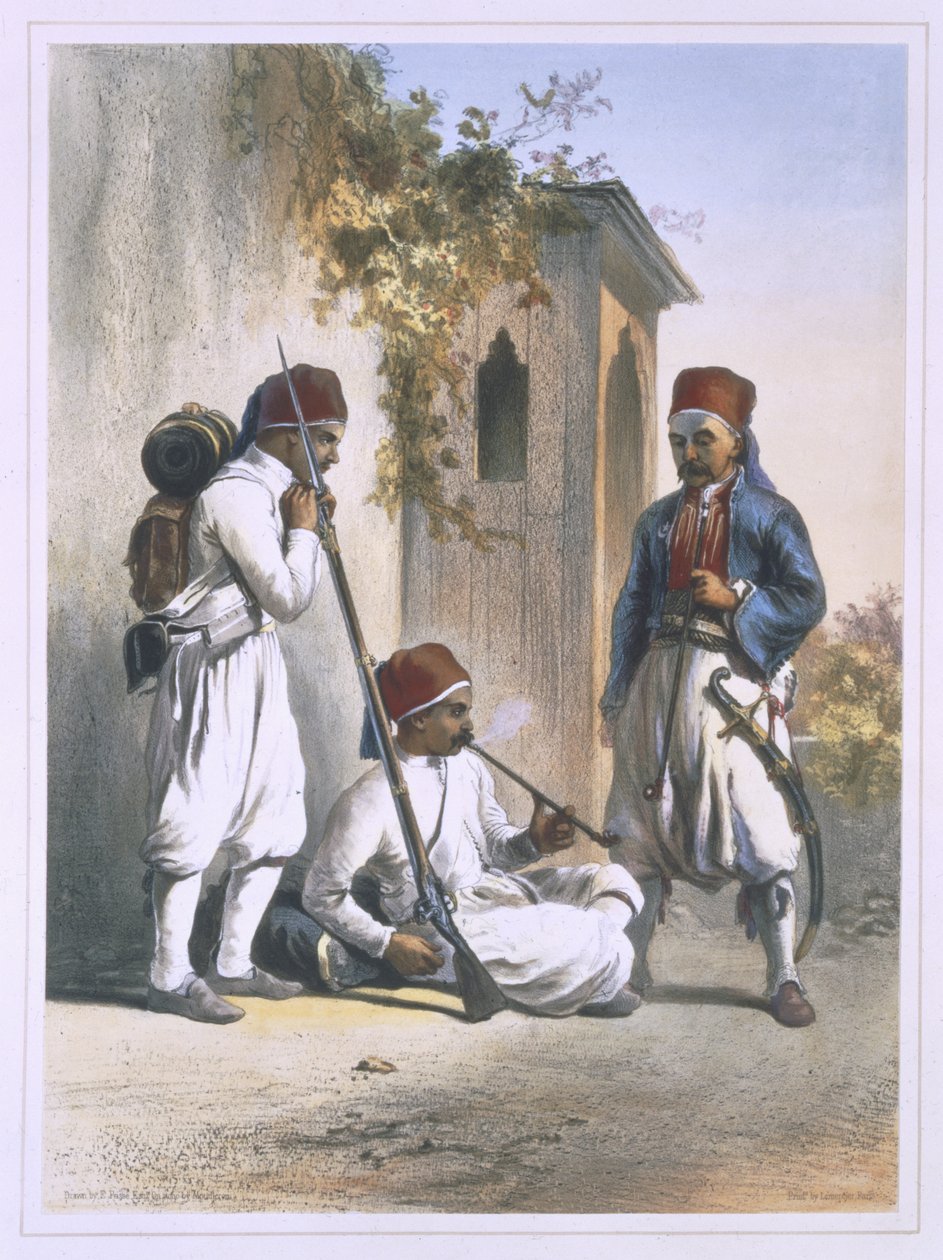 Nizamior, tropas regulares do exército turco em Kanka, ilustração de "o vale do Nilo", gravado por Mouilleron, bar. por Lemercier, 1848 de Emile Prisse d