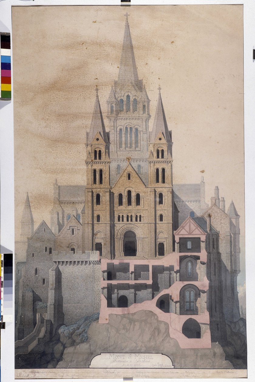 Arquitectura gótica: fachada da igreja e corte de casas de abadia. Desenho do Museu Municipal de Avranches (Manche) de Emile Sagot