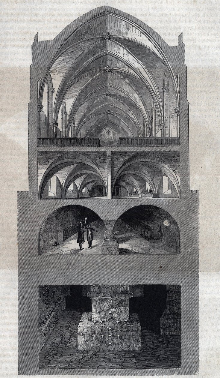 Secção transversal da escola secundária de Napoleão em Paris (hoje, Lycee Henri IV). De cima para baixo: o refeitório, a cozinha, as adegas, as catacumbas. Gravura de Therond. Em "Le Magasin Picturesque" (Le Magasin Picturesque) de Emile Theodore Therond