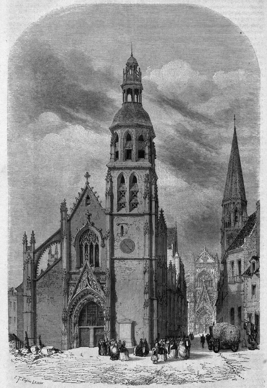 Vista exterior da igreja de São Martinho (séculos XV-XVI) de Vendome, Loir e Cher (41), antes da sua demolição em 1857. Gravura de Therond em "Le Magasin Picturesque". de Emile Theodore Therond