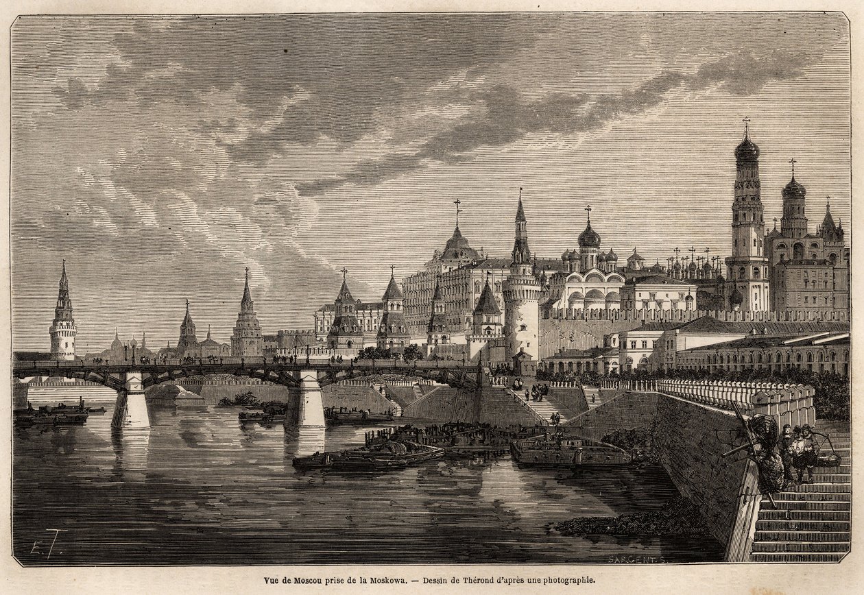 Vista geral de Moscou, tirada do Moskowa, desenho de Therond, para ilustrar a viagem de Shangai a Moscou, de 1859 a 1862, de M. de Bourboulon, Ministro da França à China. Gravura em "Le tour du monde", editado por Edouard Charton de Emile Theodore Therond