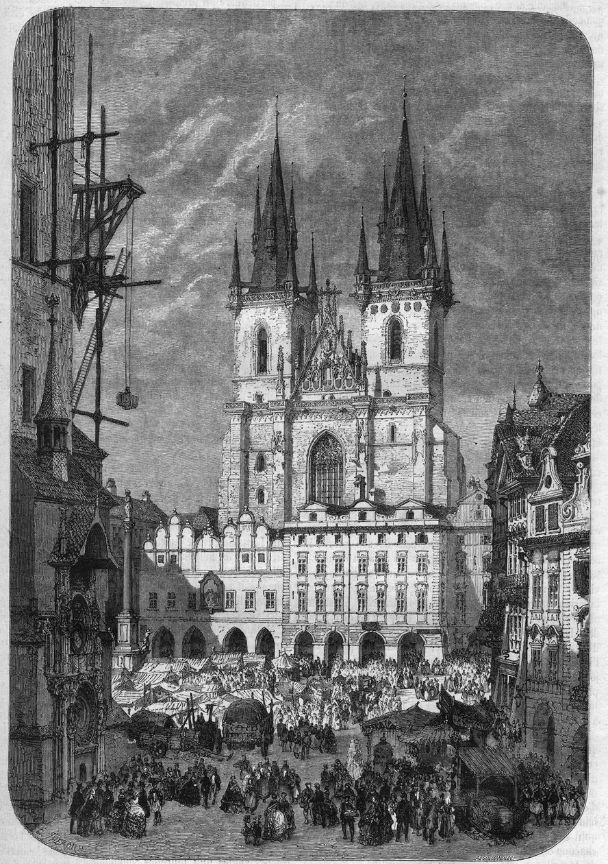 Arquitectura gótica: vista exterior da Igreja de Nossa Senhora de Tyn (Teynkirche) em Praga. A sua construção durou desde a metade do século XIV até ao século XVI. Gravura de Therond em "Le Magasin Picturesque". de Emile Theodore Therond