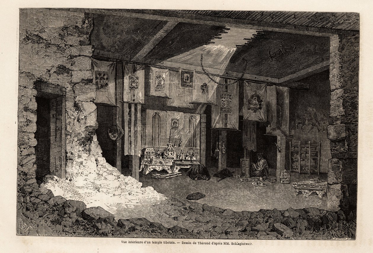 Vista interna de um templo tibetano, desenho de Therond, para ilustrar a recapitiva do ano geográfico de 1862, de Vivien de Saint Martin. Gravura em "Le tour du monde", editado por Edouard Charton de Emile Theodore Therond