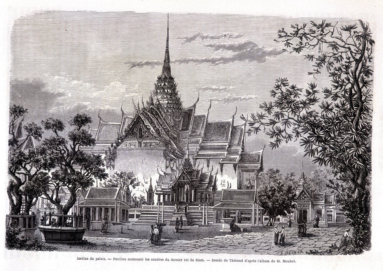 O jardim do palácio. Pavilhão contendo as cinzas do último rei do Sião. Desenho de Thérond do álbum de M. Mouhot. "Tour du monde". de Emile Theodore Therond