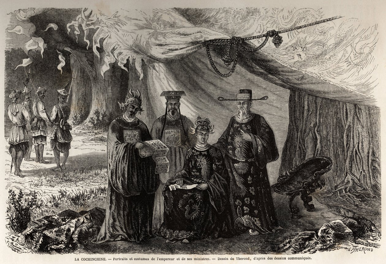 Retratos e figurinos do Imperador de Annam e seus ministros, Cochinchine, desenhados por Therond, para ilustrar uma correspondência única com Cochinchine em 1859. Gravura em "Le tour du monde, nouveau journal des voyages" Paris de Emile Theodore Therond