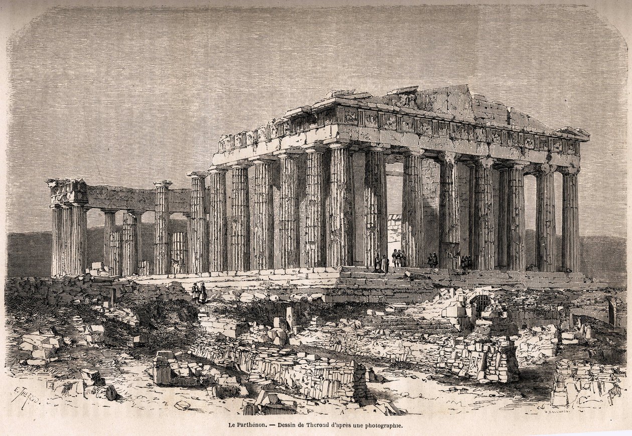 O Partenon, um Athenes, desenho de Therond, para ilustrar a história de M.A.Proust, um inverno em Athenes de Emile Theodore Therond