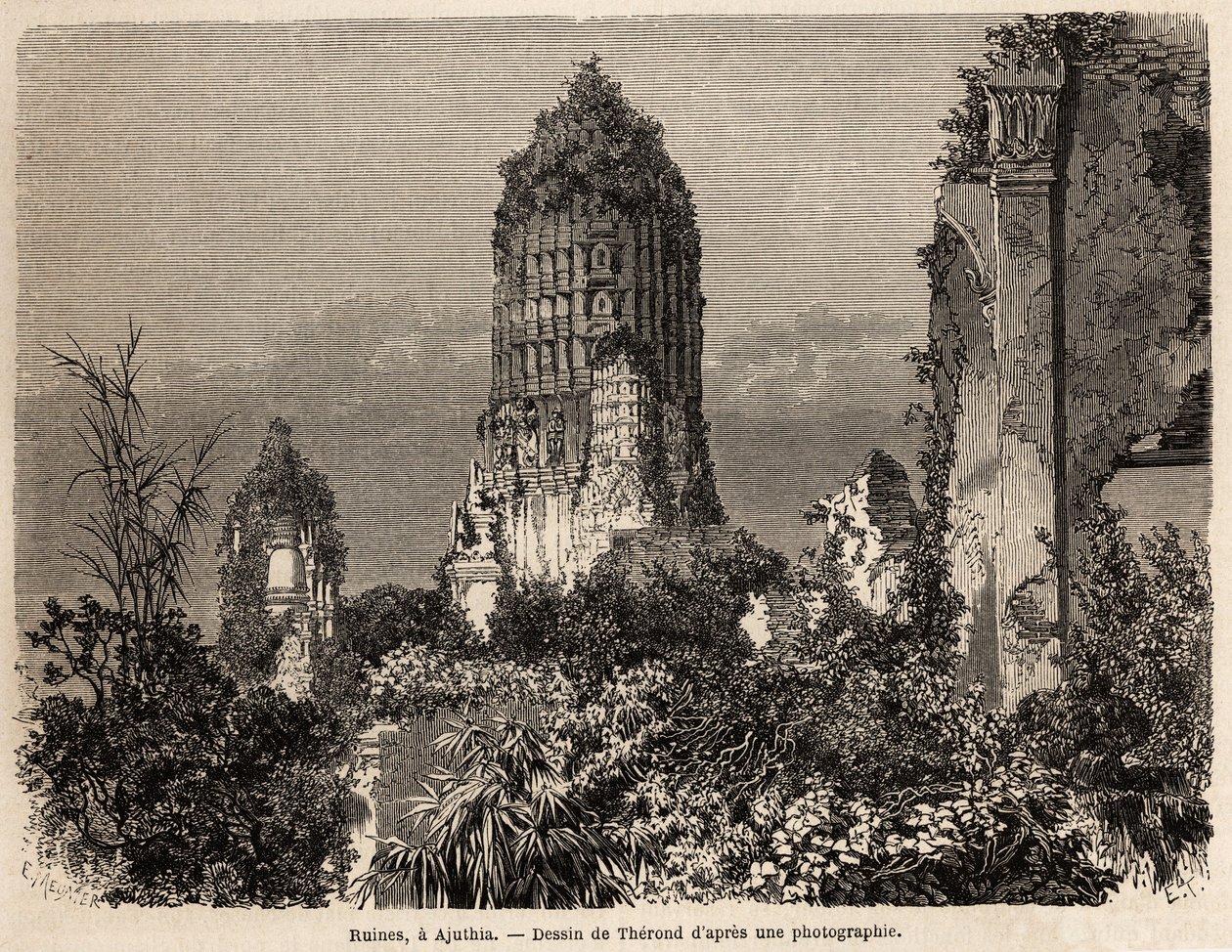 As ruínas tomadas na vegetação da selva, em Ajuthia (Tailândia), desenhadas por Therond, para ilustrar a viagem através dos reinos do Sião, Camboja e Laos, de 1858 a 1861, por Henri Mouhot. Gravura em "Le tour du monde", editado por Edouard de Emile Theodore Therond