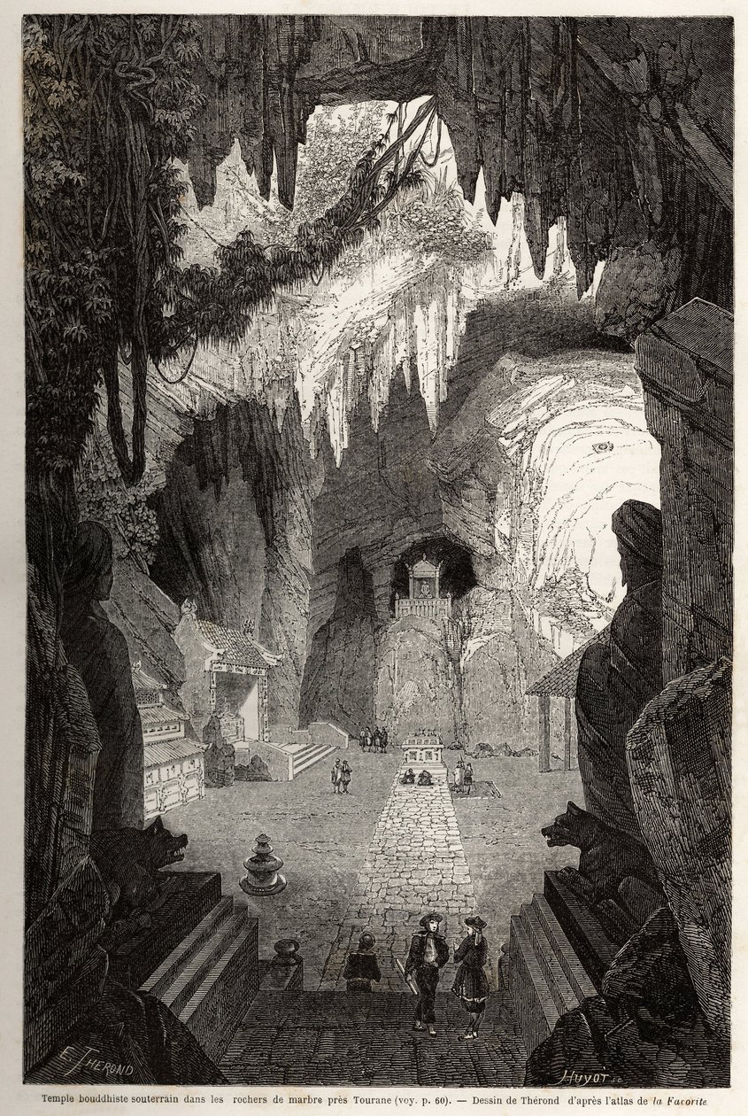 Templo Budista Subterrâneo em rochas de mármore perto de Tourane, desenho de Therond, para ilustrar as notas de uma correspondência única com Cochinchine. Gravura em "Le tour du monde, nouveau journal des voyages" Paris de Emile Theodore Therond