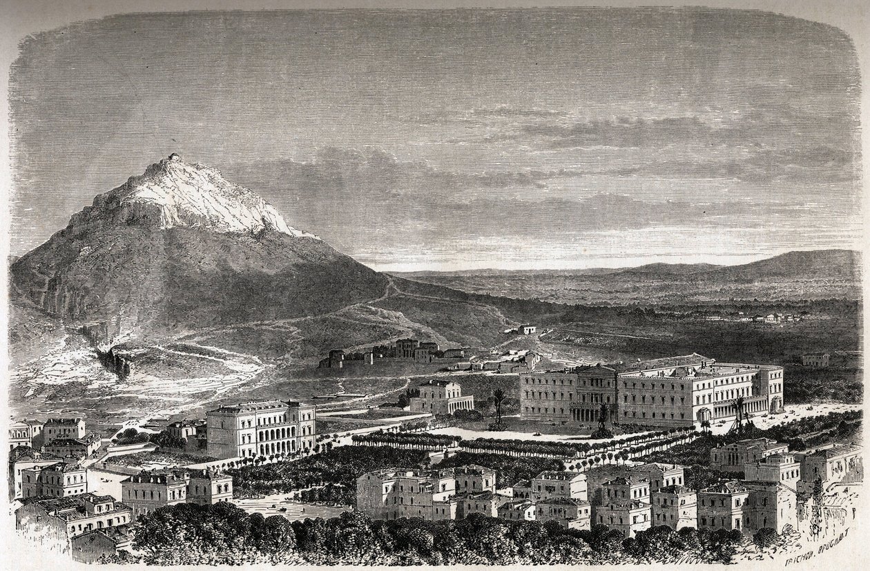 Vista de Athenes Grécia, desenho de Therond, para ilustrar a história de M.A.Proust, um inverno em Athenes de Emile Theodore Therond
