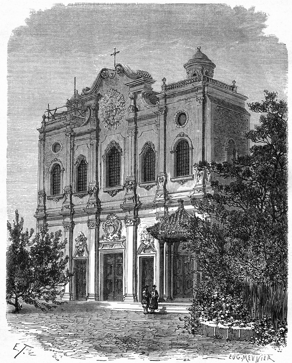 Vista da fachada da catedral de Nantang, construída no local da casa de Matteo Ricci (1552-1610), pai do catolicismo na China. Gravura após um desenho de Therond, em "Le Tour du Monde, Nouveau journal des Voyages", editado por Edouard Chart de Emile Theodore Therond