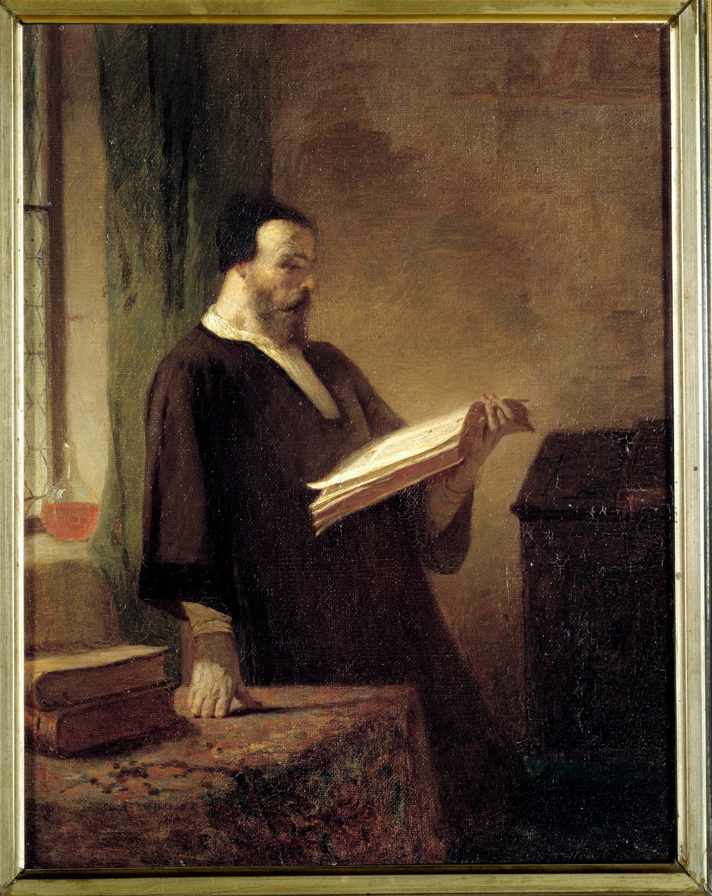 Um bibliófilo Um homem que lê um livro. Pintura de Emile Vaude (1819-1884) Museu de Belas Artes de Troyes do século XIX de Emile Vaude