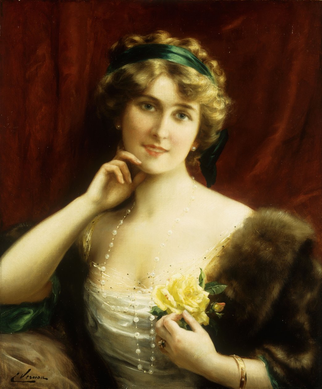 Uma senhora elegante com uma rosa amarela de Emile Vernon