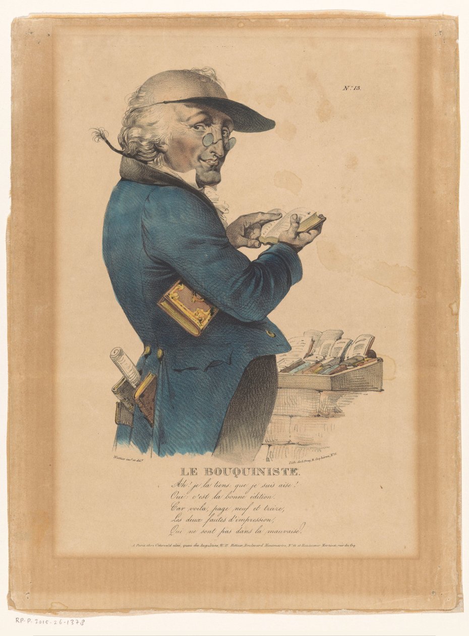 O homem olha para um livro em frente de uma banca de livros
Le bouquiniste (título sobre o objecto) de Émile Wattier