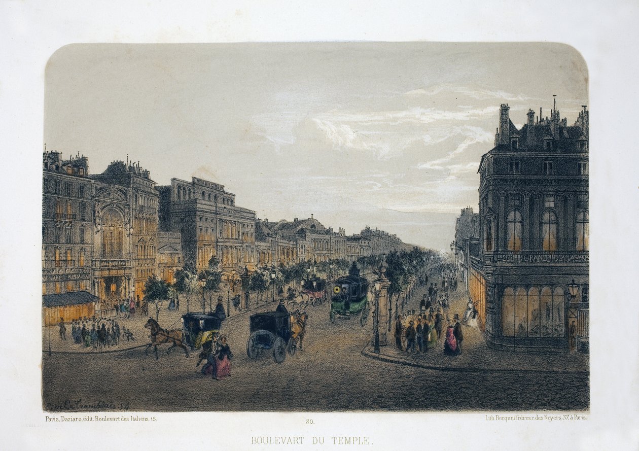 Boulevard du Temple, Paris. Litografia aquarela, ilustração de E.de la Tramblaiz, em "Album, souvenirs de Paris", Daziaro editor, Paris de Emile de la Tramblais