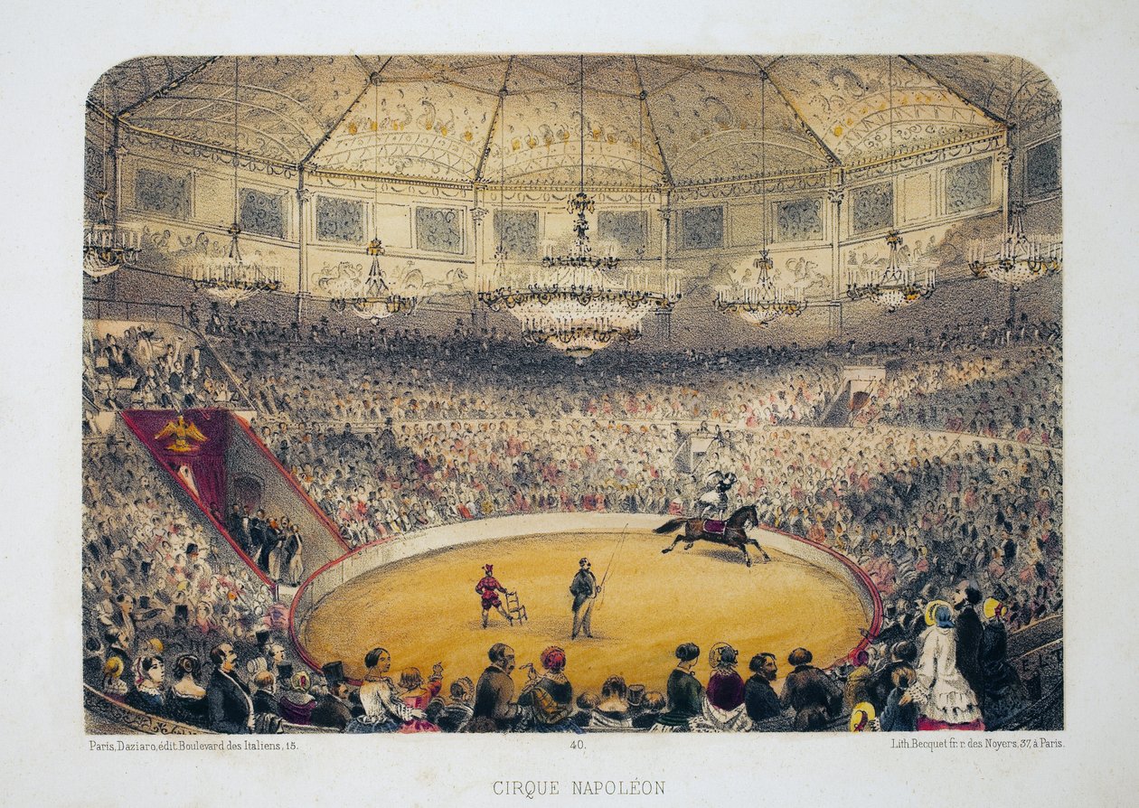 Cirque Napoleão (atual circo de inverno, rue Amelot, Paris). Aguarela litográfica, ilustração de E.de la Tramblaiz, em “Album, souvenirs de Paris””, editor Daziaro, Paris de Emile de la Tramblais