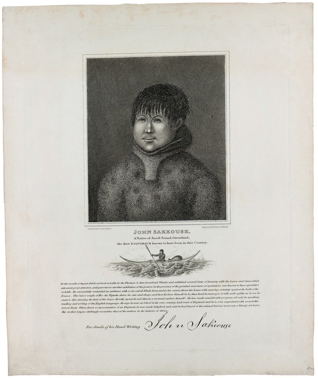 John Sakeouse, um nativo de Jacob Sound, Groenlândia, o primeiro Esquimaux conhecido por ter estado neste país, 1816 de Emilia Anderson