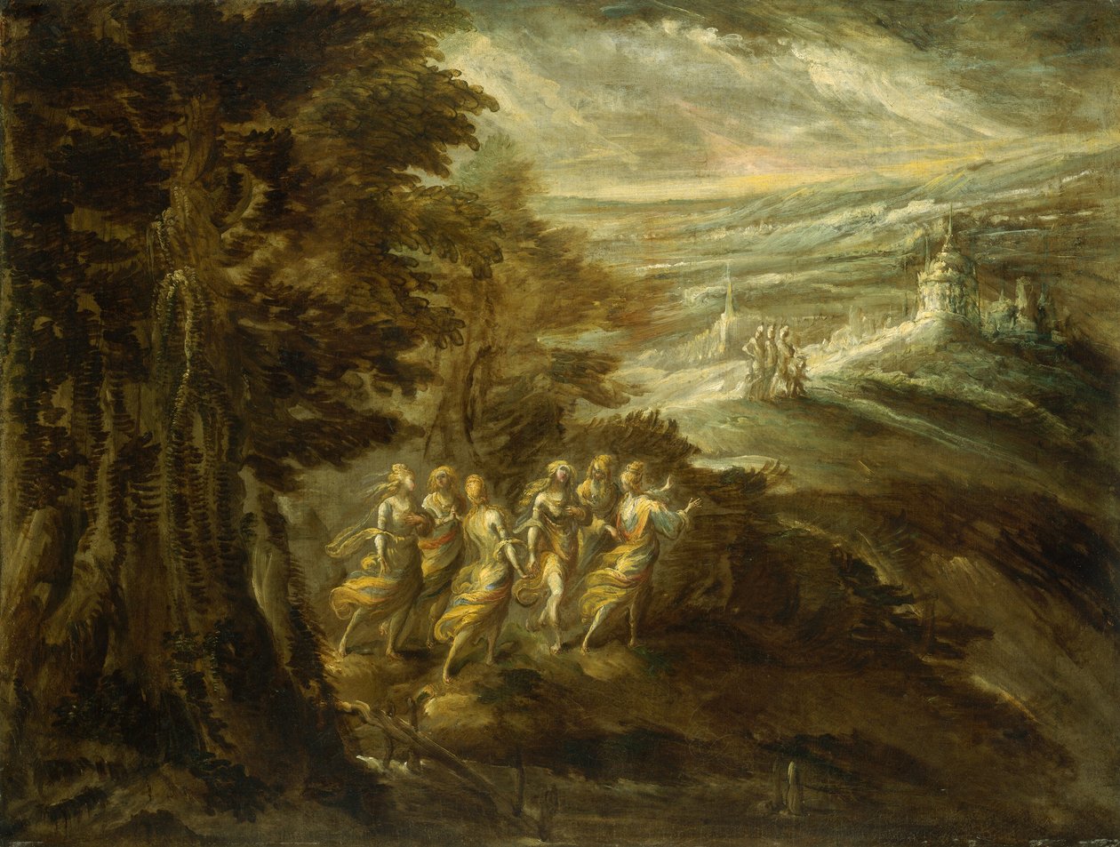 Paisagem fantástica com figuras de Emilian 16th Century