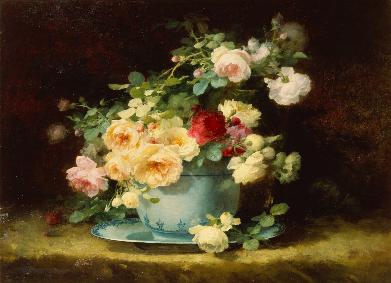 Rosas numa tigela de porcelana azul e branca (óleo sobre tela) de Emilie Vouga