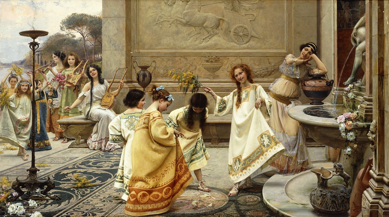 Fontinales: Festa das Fontes; Fontinales: Fete des Fontaines (óleo sobre tela com três painéis horizontais, um assinado, colocado em t) de Emilio Vasari