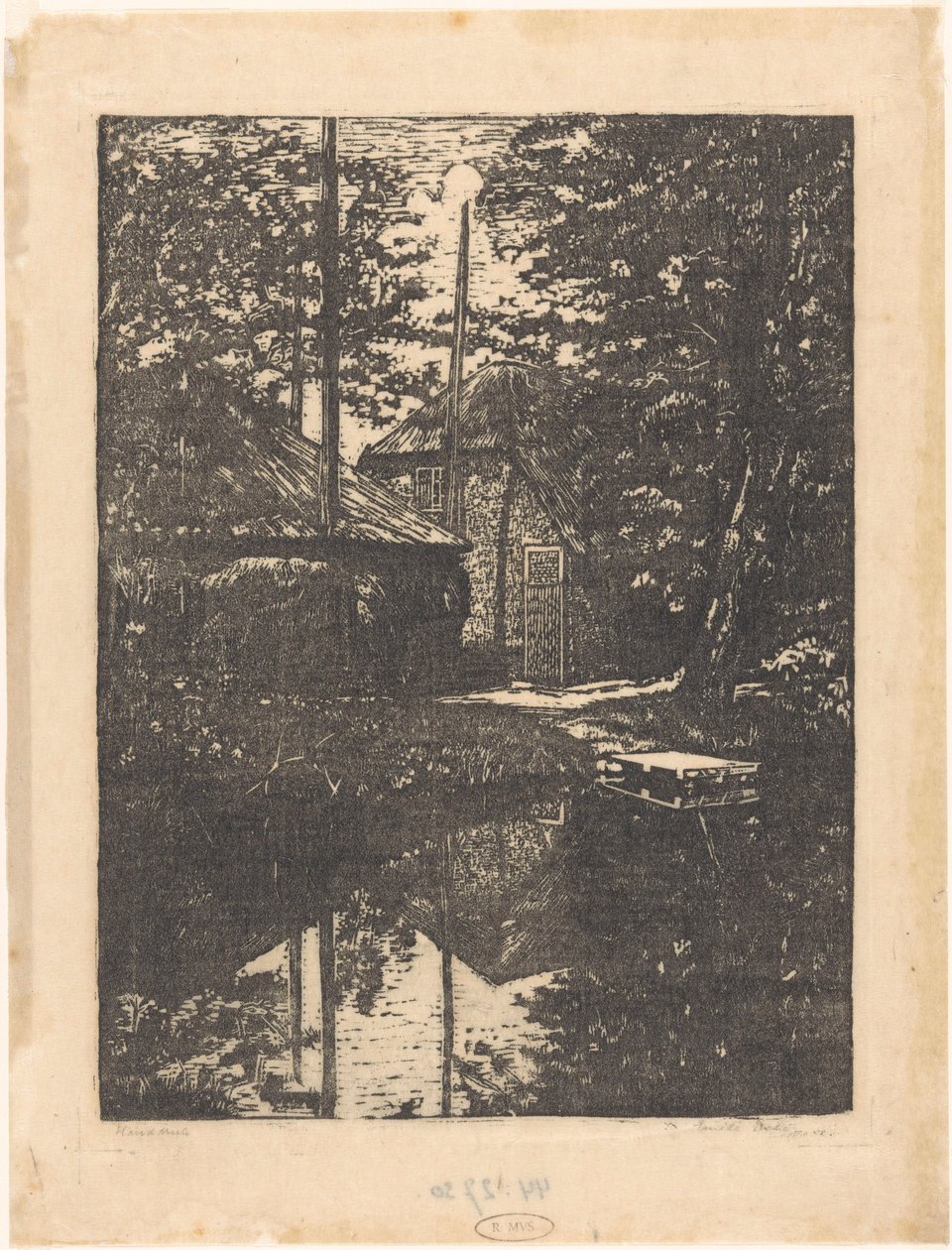 Fazenda e celeiro de feno na água de Emilius Wilhelmus Dehé (signed by artist)