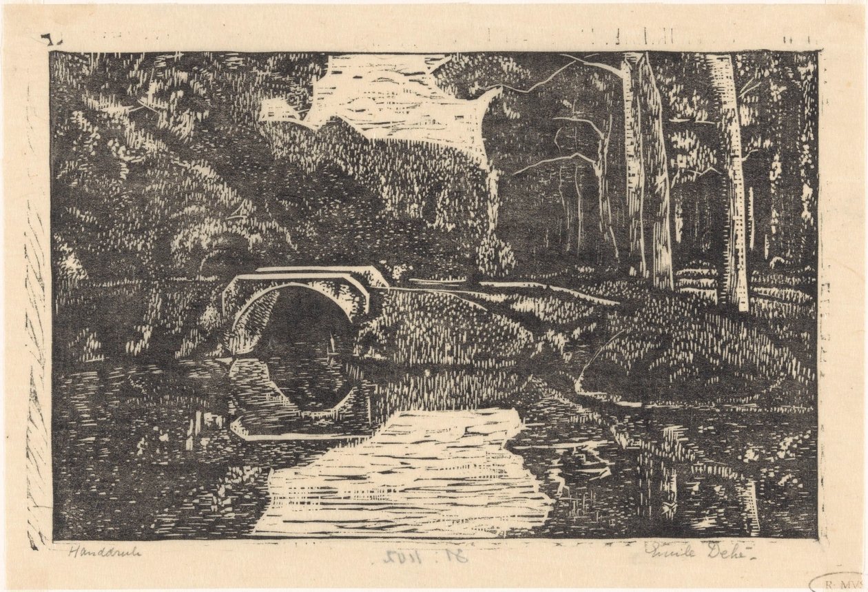 Ponte sobre um fosso numa floresta de Emilius Wilhelmus Dehé (signed by artist)