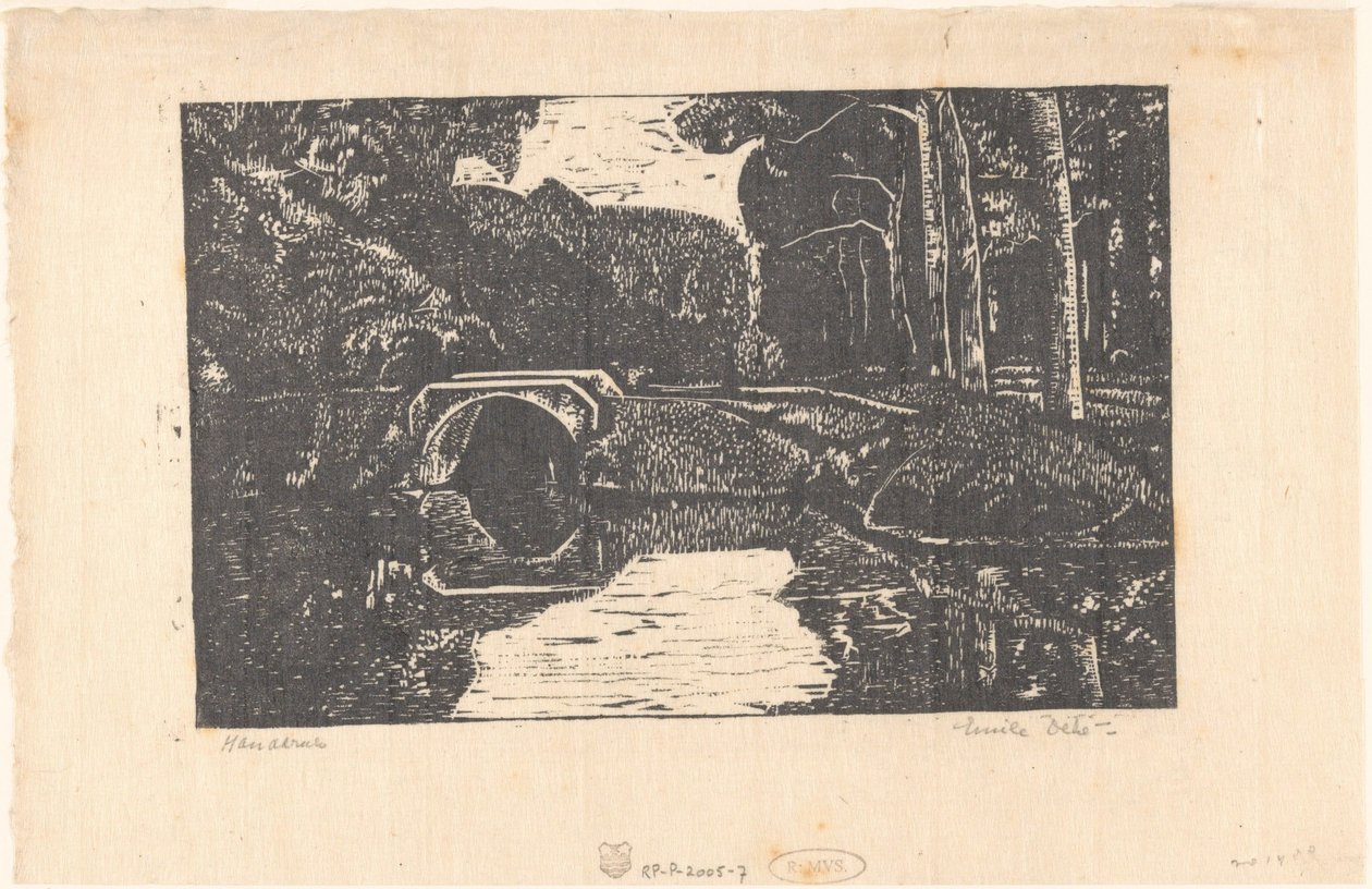 Ponte sobre um fosso numa floresta de Emilius Wilhelmus Dehé (signed by artist)