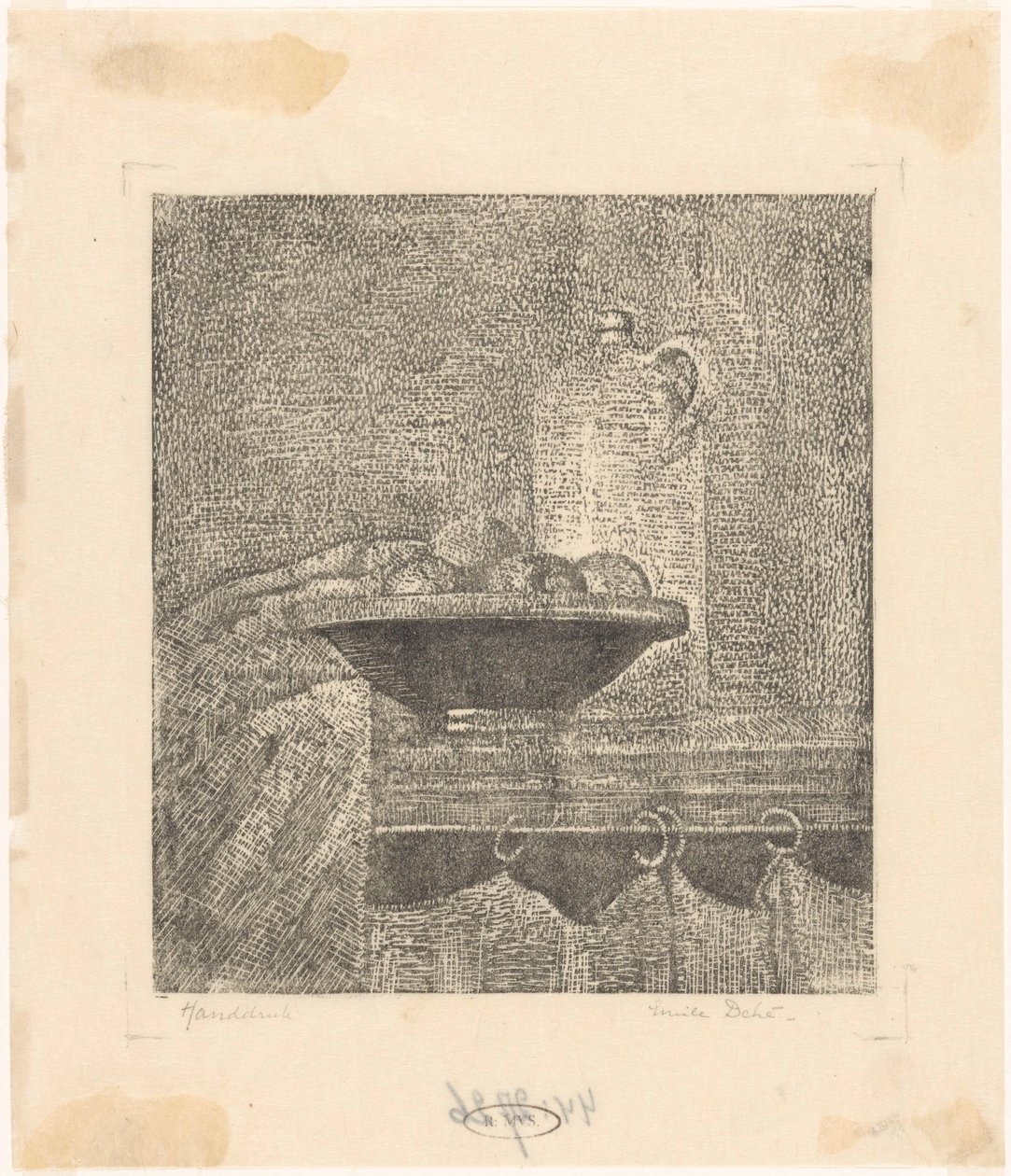 Natureza morta com jarro e fruteira de Emilius Wilhelmus Dehé (signed by artist)