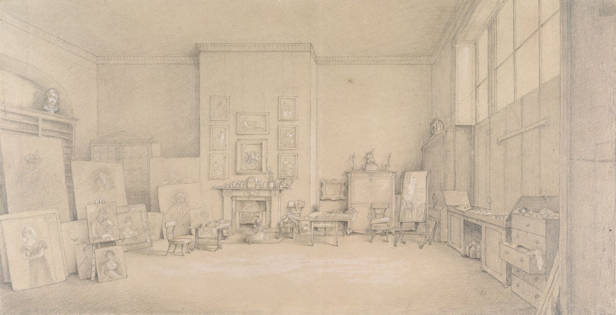 O estúdio de Sir Thomas Lawrence; 65 Russell Square, Londres, 1824 (lápis, aumentado com toques de branco em papel amarelo) de Emily Calmady