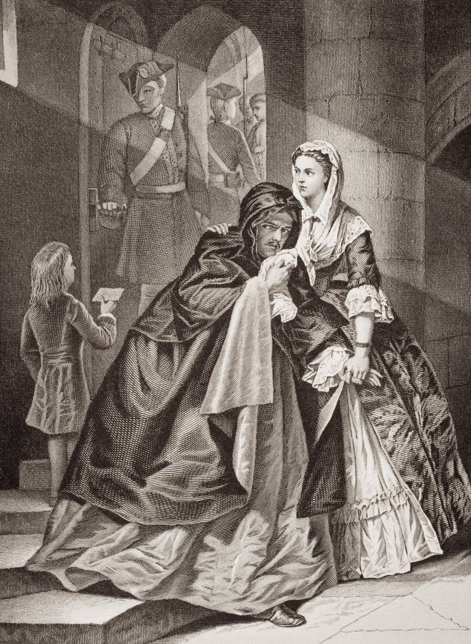A Fuga do Senhor Nithsdale da Torre, 1716, de "Ilustrações da História Escocesa e Inglesa" Volume II (ver também 17890) de Emily Mary Osborn