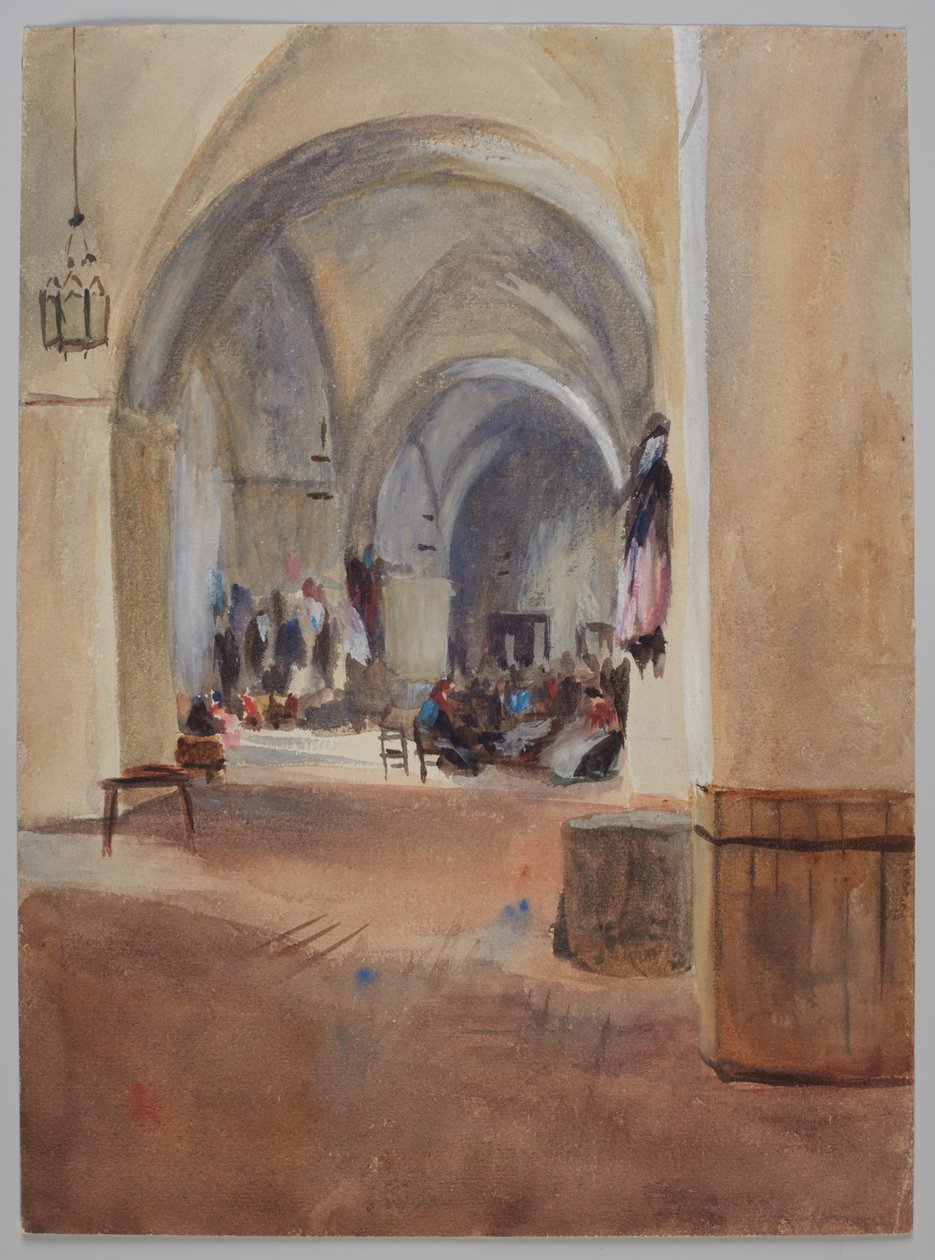 Interior de uma fábrica de tabaco em Sevilha, c.1900. Lápis e aguarela de Emily Sargent