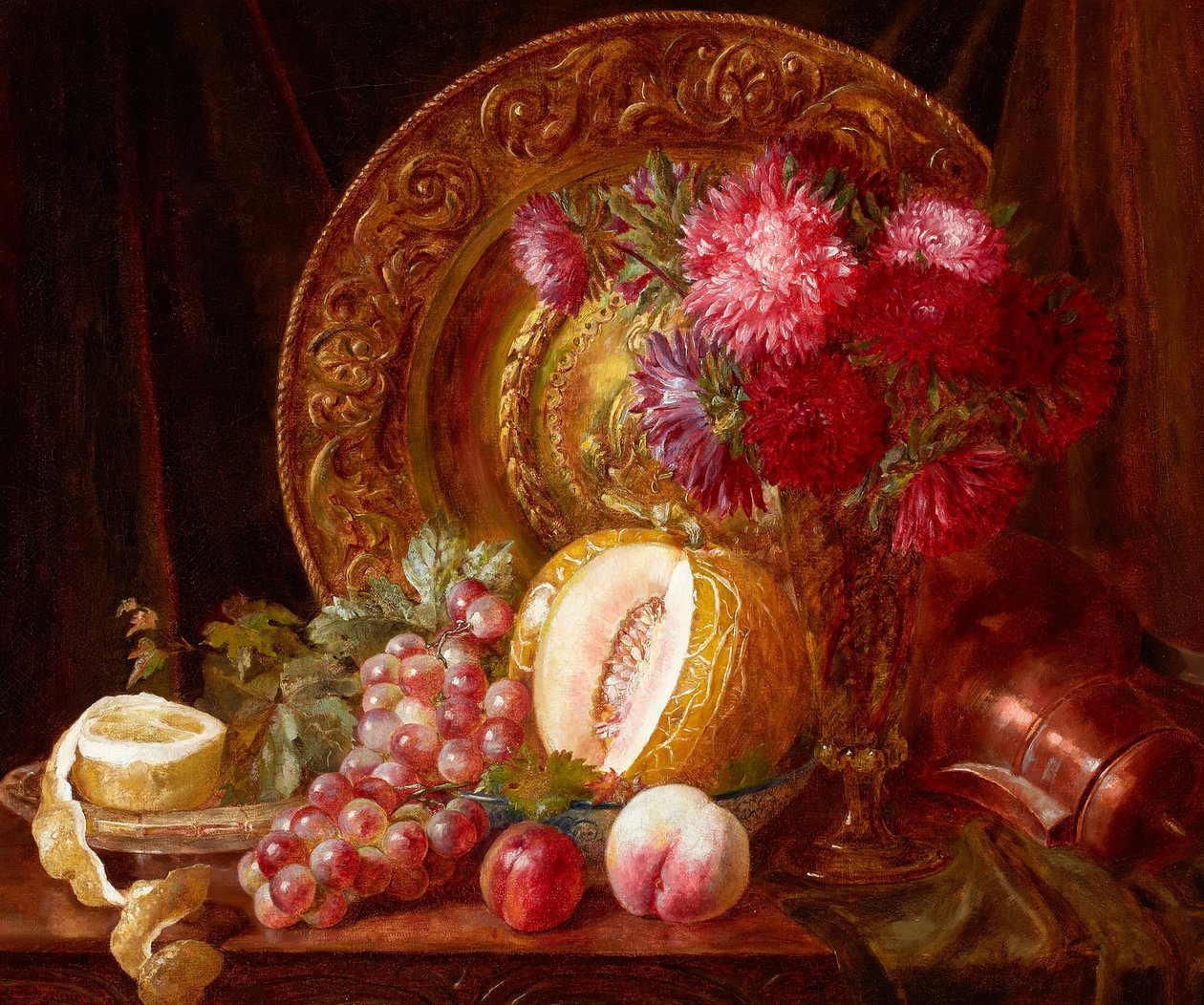 Crisântemos, frutos e prato de Emily Stannard