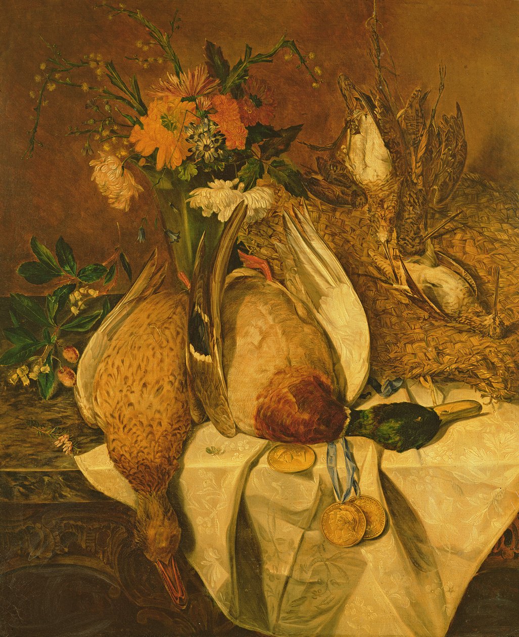 Ainda vida com o pato selvagem, snipes e medalhas de ouro, c.1850 de Emily Stannard