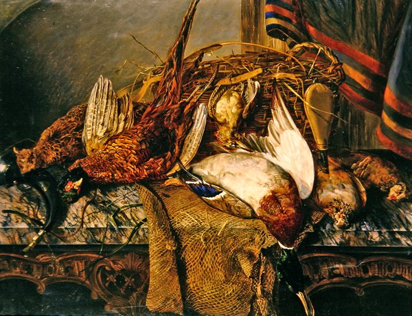 Natureza morta com faisões numa mesa de mármore, c.1850 (óleo sobre tela) de Emily Stannard