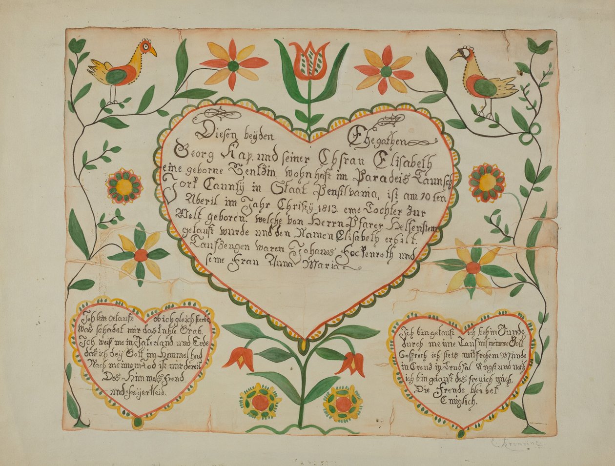 Fraktur - Certidão de Nascimento e Batismo de Emma M. Krumrine