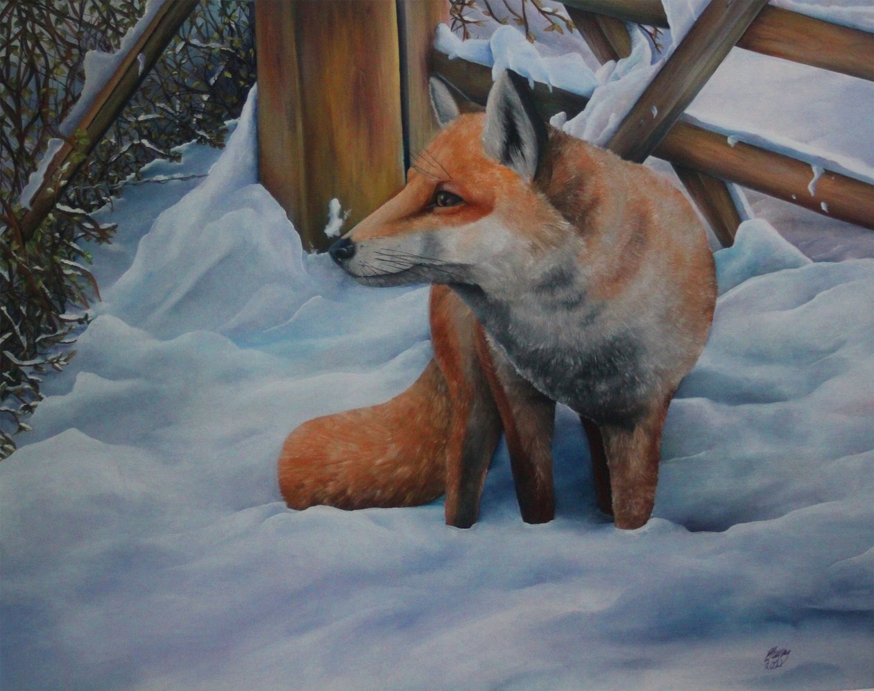 Raposa na neve, 2021 (óleo sobre tela) de Emma Pewsey