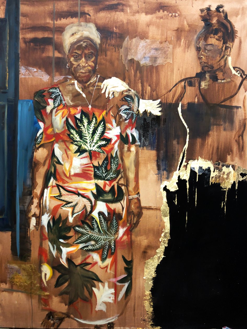 Nanabaa desconhecido, 2021 (óleo, acrílico, papel e imitação de folha de ouro sobre tela) de Emma Prempeh