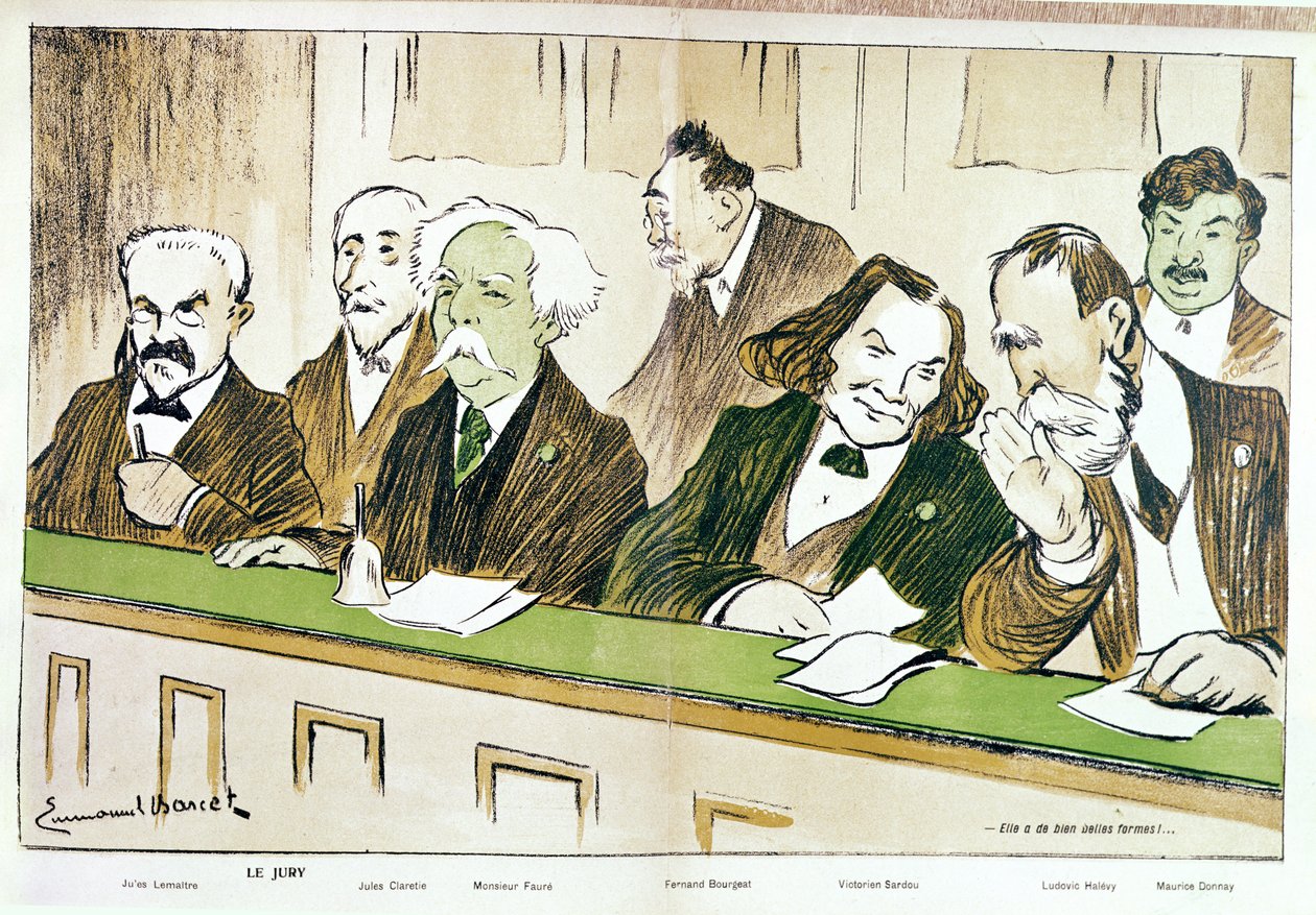Caricatura de Gabriel Faure (1845-1924) Presidindo ao Júri do Conservatório, de L&39;Assiette au Beurre, 20 de julho de 1907 de Emmanuel Barcet