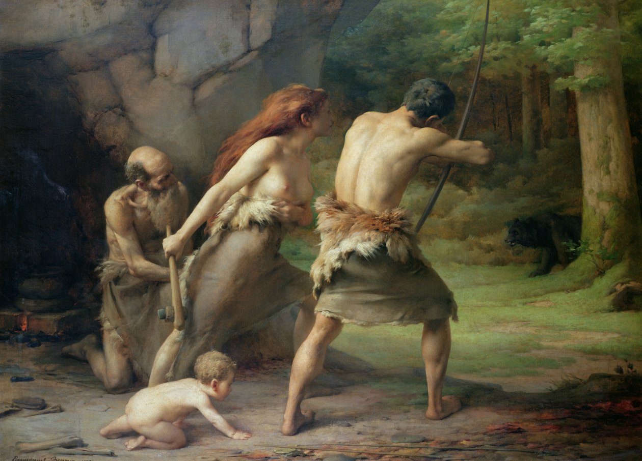 Ursos de caça de homem pré-histórico, 1832 de Emmanuel Benner