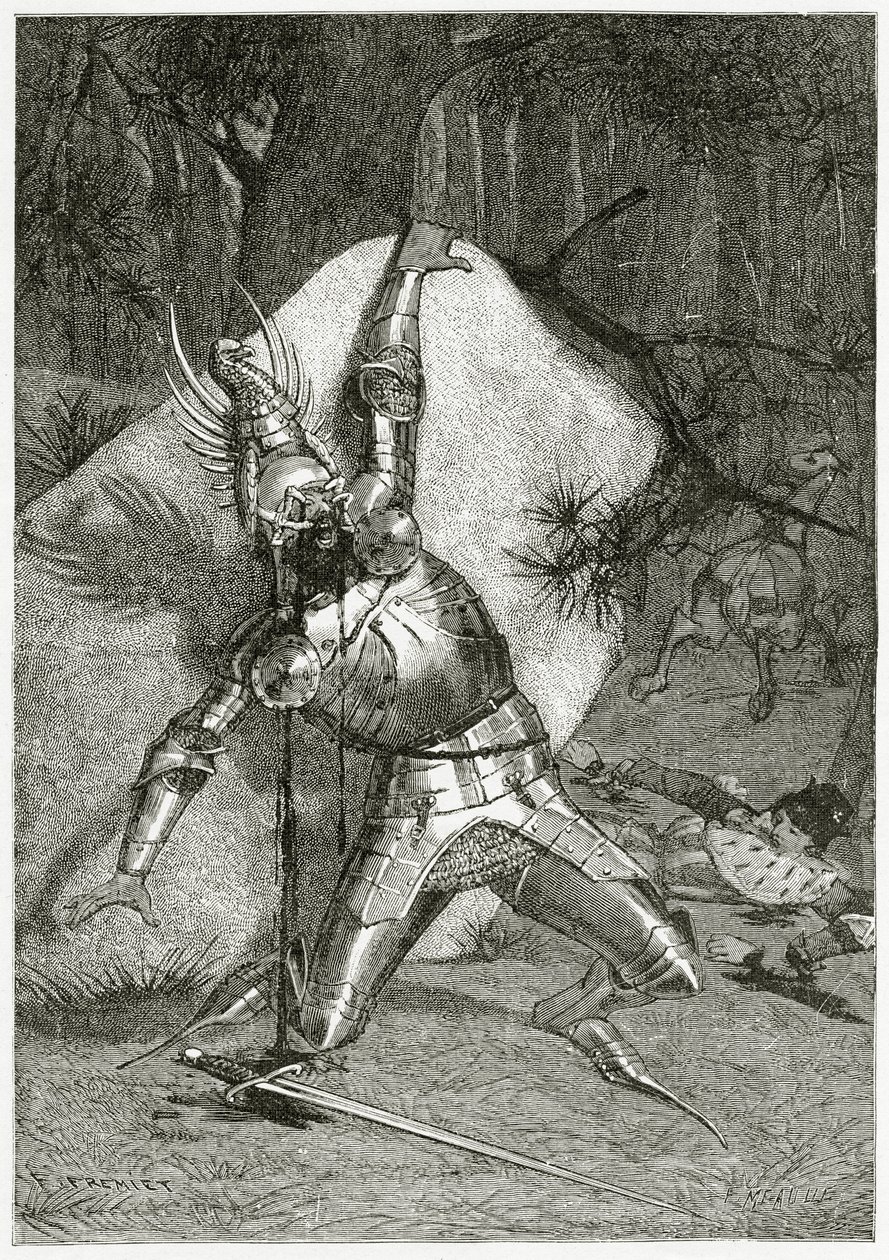Tiphaine cega por sua águia de bronze, século XIX (gravura bw) de Emmanuel Fremiet