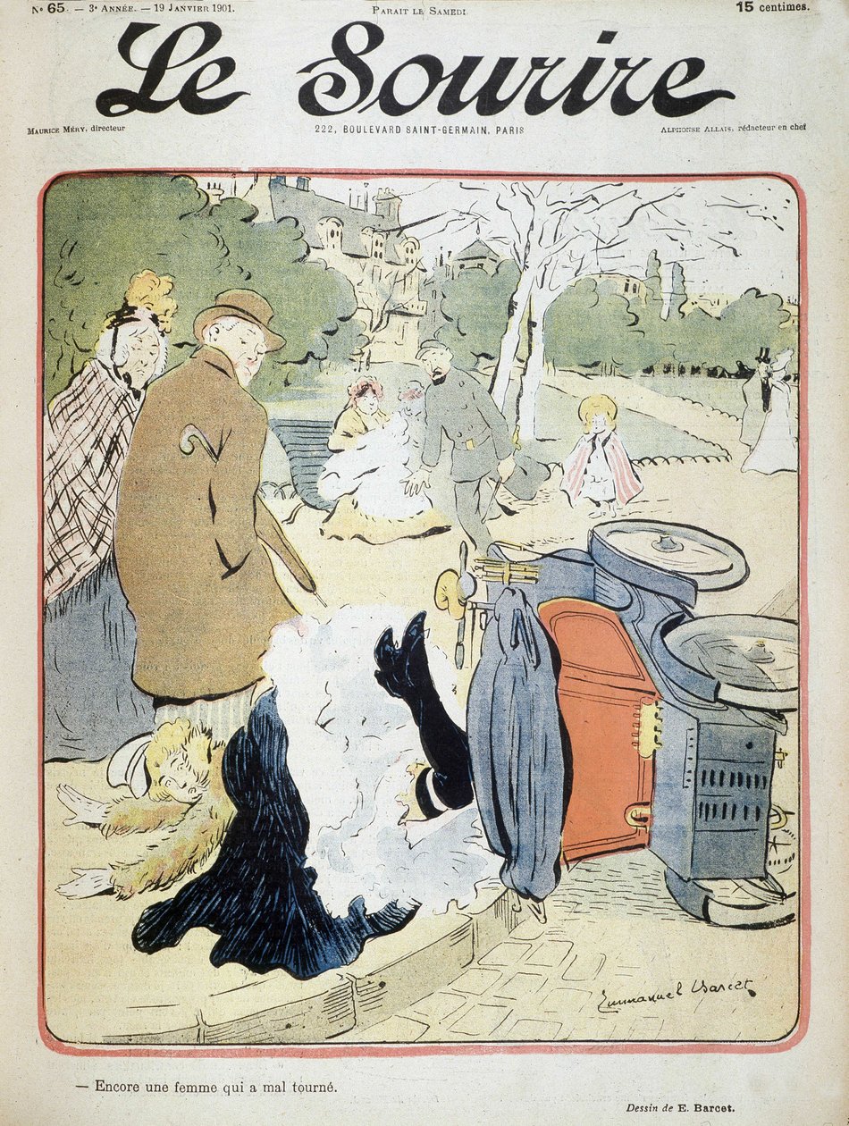 Acidente de carro: "Outra mulher que corre mal." Ilustração de Emmanuel Barcet (1870-1940) - em "Le Smile" de 19/01/1901 de Emmanuel Barcet