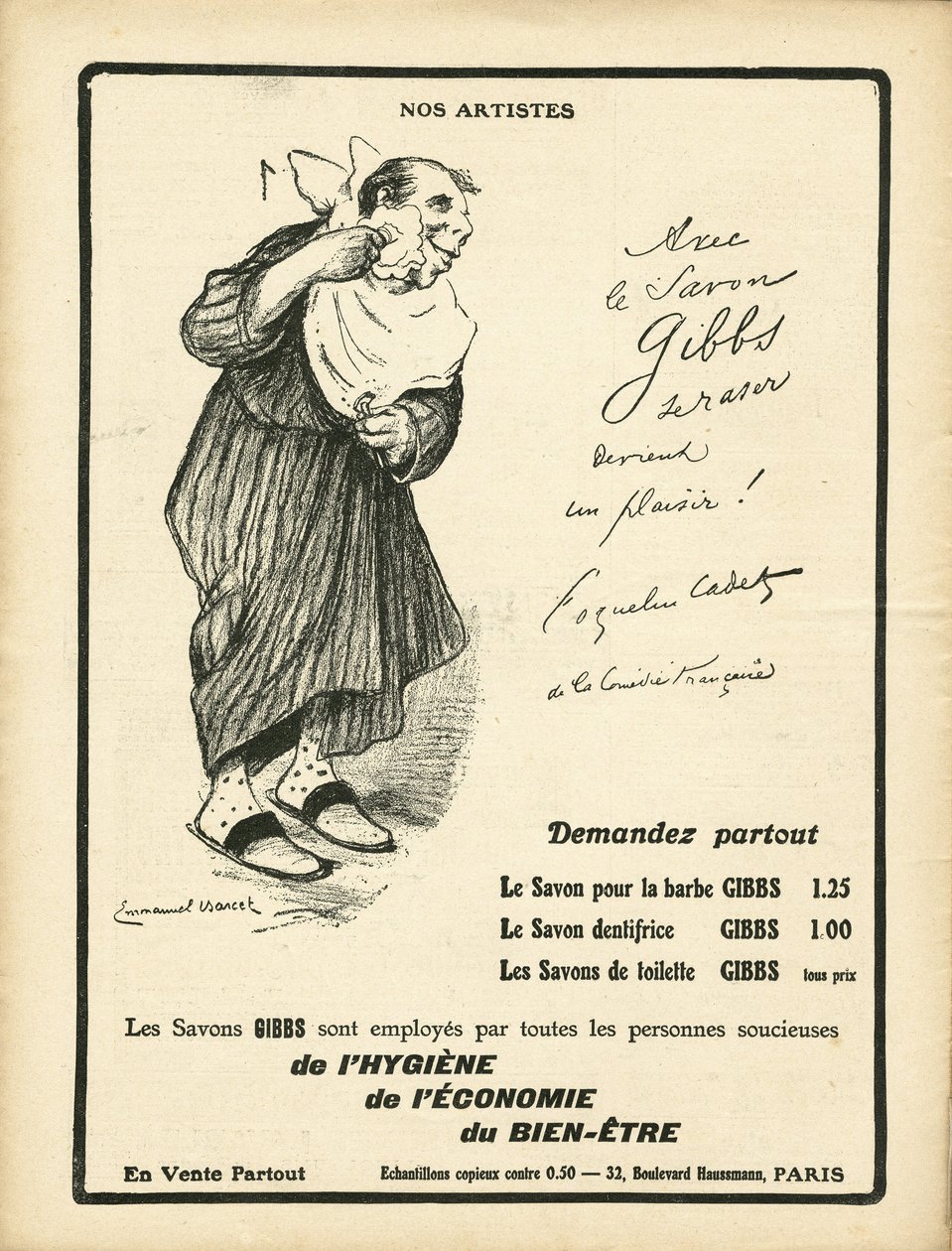Ilustração de Emmanuel Barcet (1870-1940) em Le Rire, 23/01/09 - Nos artistes - Publicidade Reclamação, Higiene - Poppy Cadet de Emmanuel Barcet