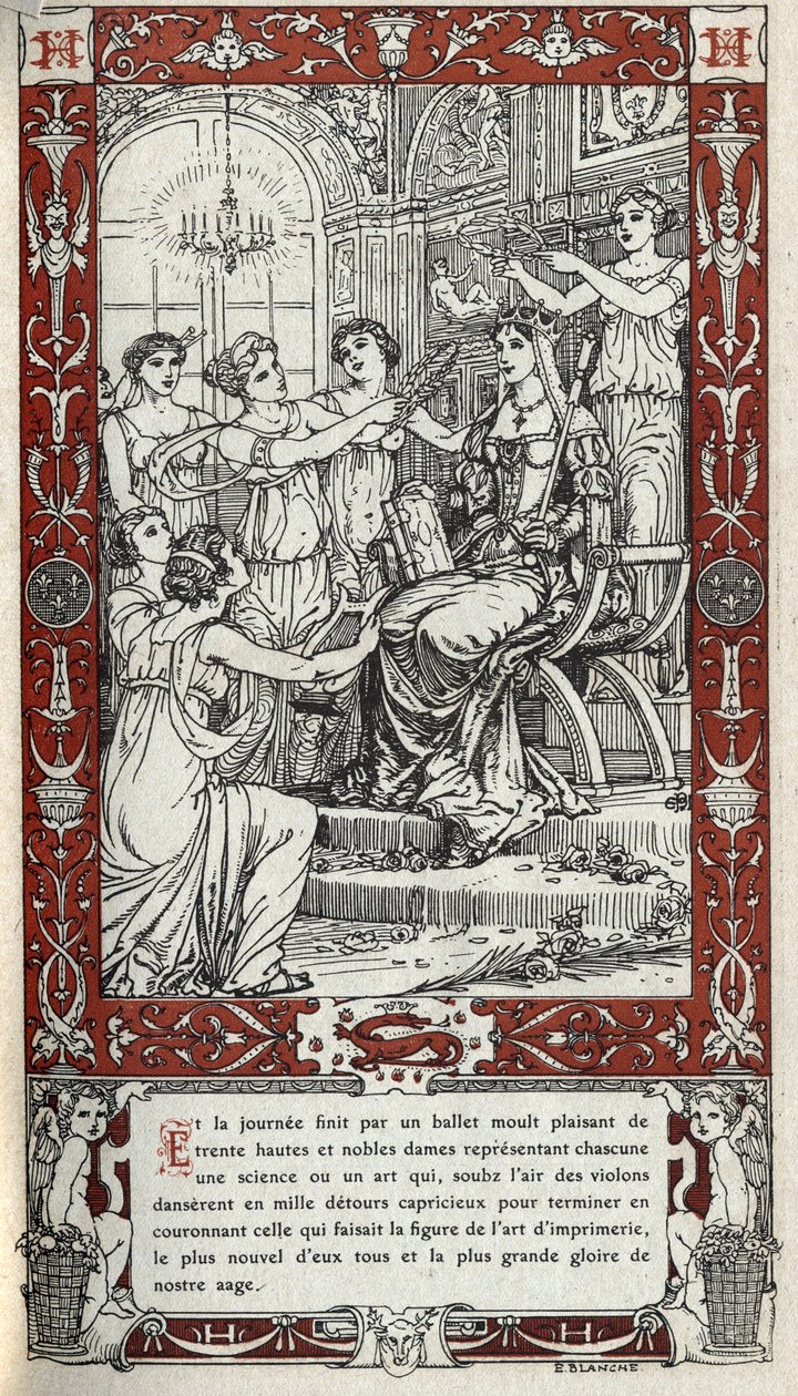 Ballet no castelo de Fontainebleau durante o qual as damas da Corte do Rei Henrique II (1519 - 1559) representam cada uma uma uma ciência ou arte. Gravura de 1914 por Emmanuel Blanche (1880-1946).DR Colecção privada. de Emmanuel Blanche