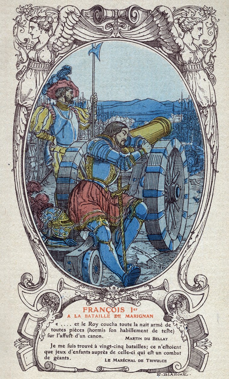 O Rei da França François I (1494-1547) na Batalha de Marignan em 13 e 14 de setembro de 1515. Gravura de 1914 de Emmanuel Blanche (1880-1946). DR Coleção particular. de Emmanuel Blanche