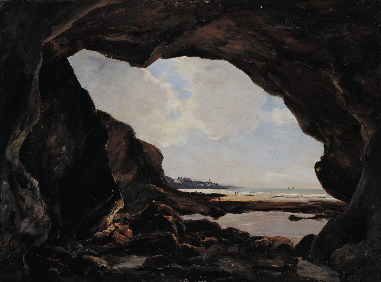 Cave of the Ris debaixo do penhasco ferruginoso, Douarnenez, Agosto de 1876 (óleo sobre tela) de Emmanuel Lansyer