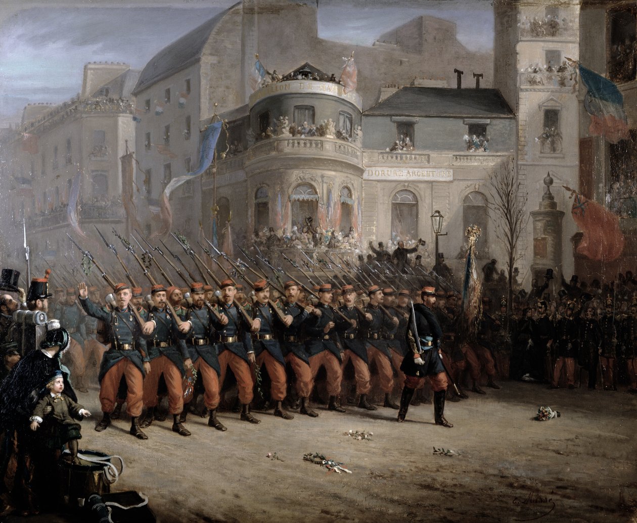 O retorno das tropas a Paris da Crimeia, Boulevard des Italiens, em frente ao Pavilhão de Hanover, em dezembro de 1855 de Emmanuel Masse