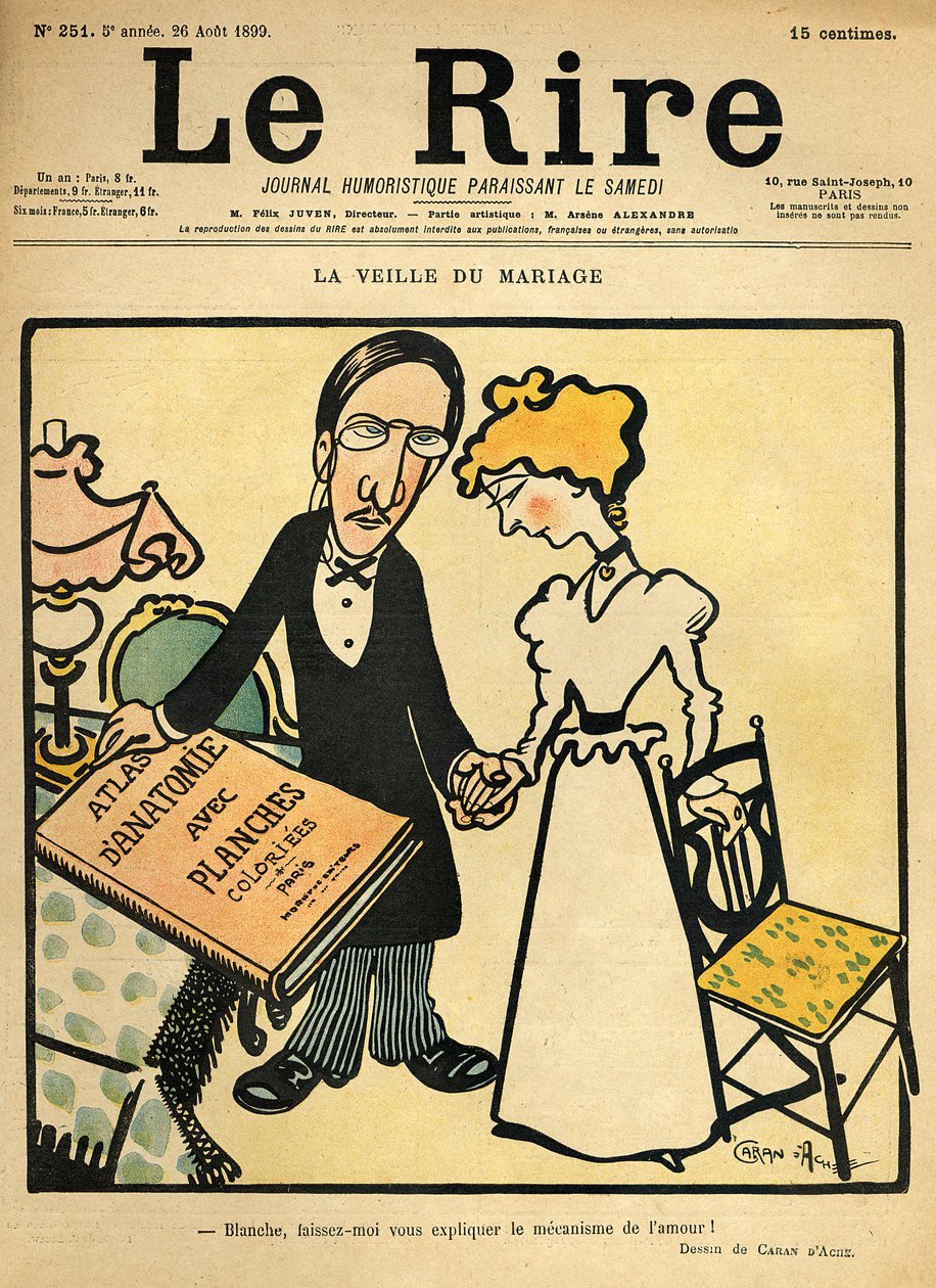 No dia anterior ao casamento, cartum da capa de &39;Le Rire&39;, 26 de agosto de 1899 de Emmanuel Poire Caran D