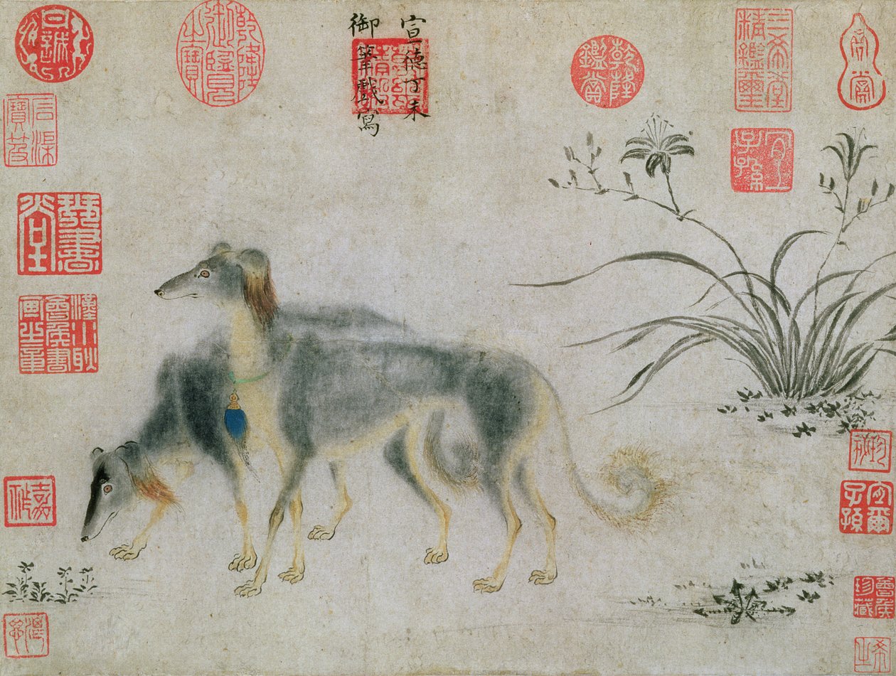 Dois Saluki Hounds, 1427 (tinta no papel) de Emperor Hsuan tsung