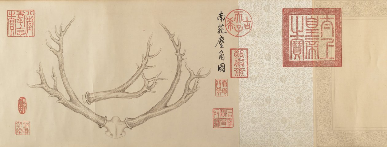 Duas pinturas de chifres de veado, datadas de 1762 e 1767. de Emperor Qianlong